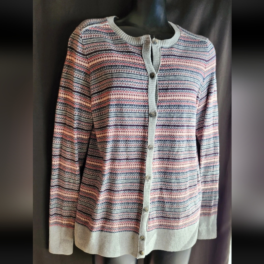 LL Bean Gray Striped Soft Lightweight Button Up Knit Cardigan Sweater Sz S